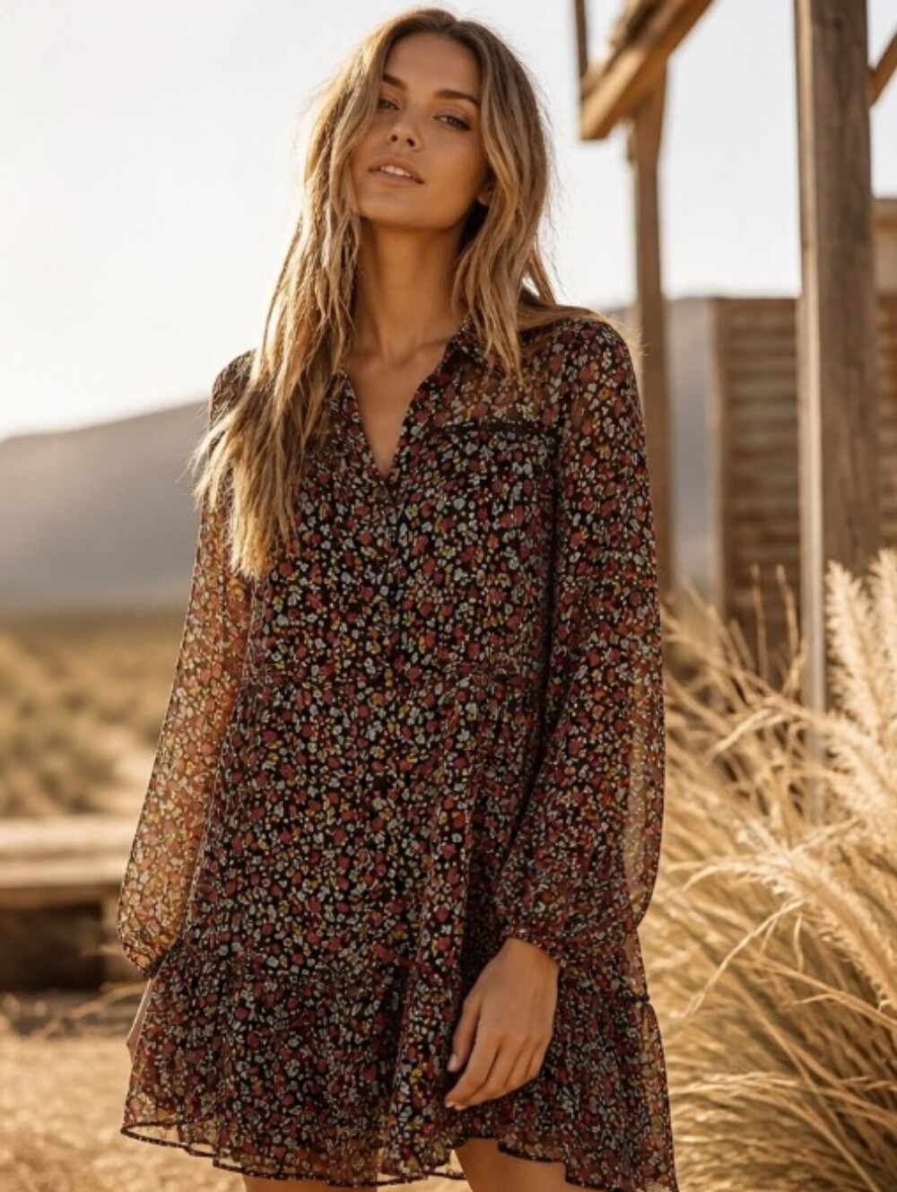 Zara Brown Floral Sheer Long-Sleeve Mini Dress